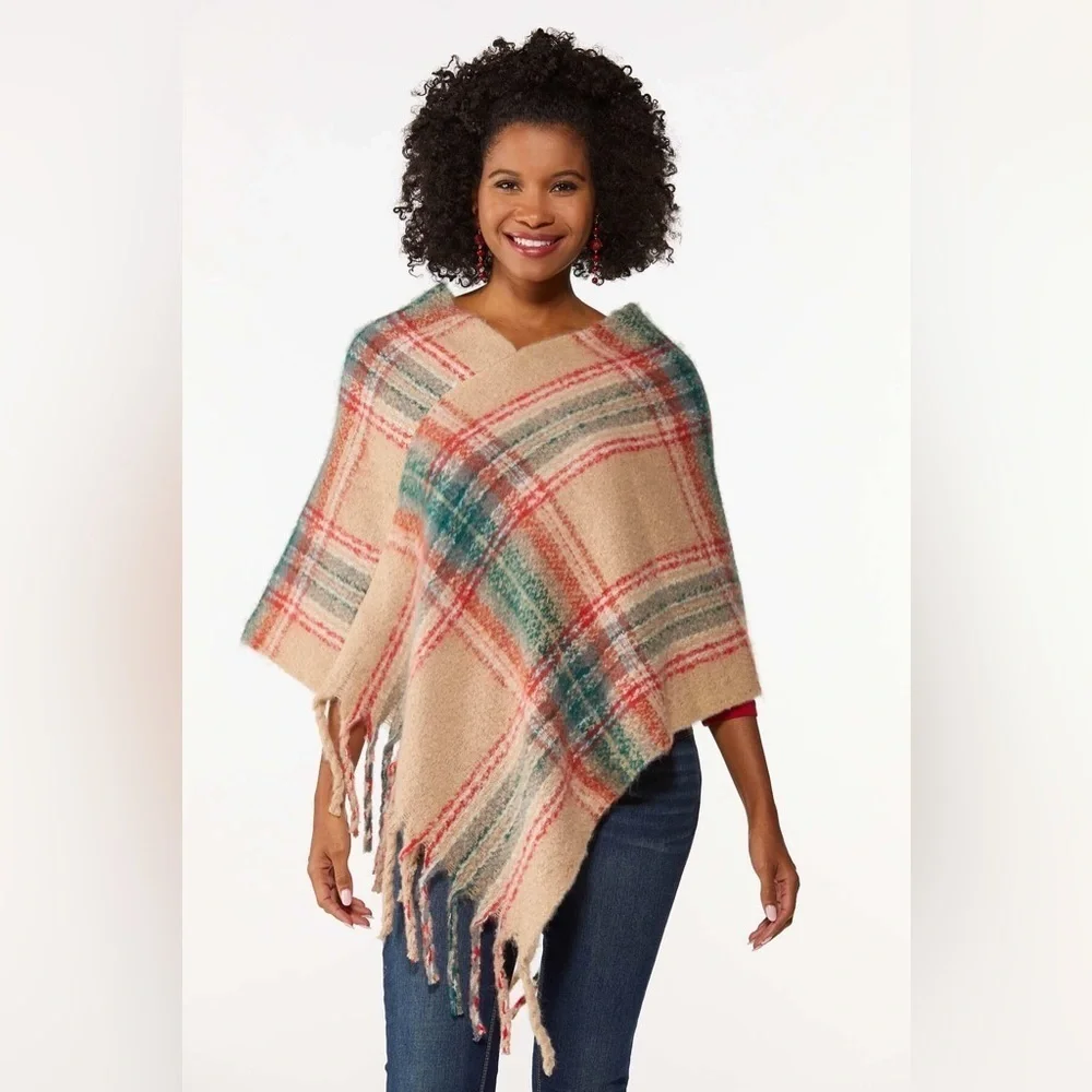 Cato | Cozy Plaid Fringe Poncho One-Size Ancient Forest
